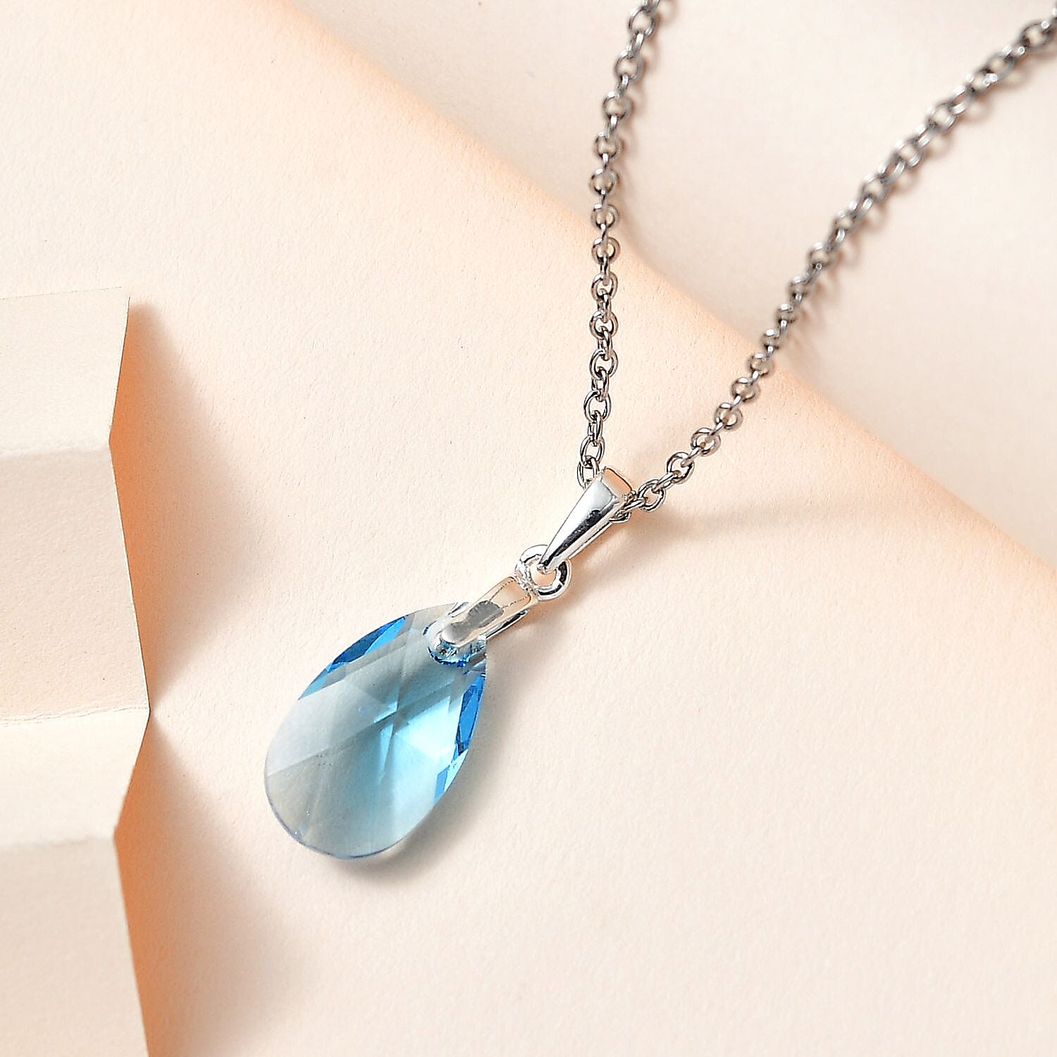 Aquamarine Color Crystal Pendant in Sterling Silver with Stainless Steel Chain 20 Inches