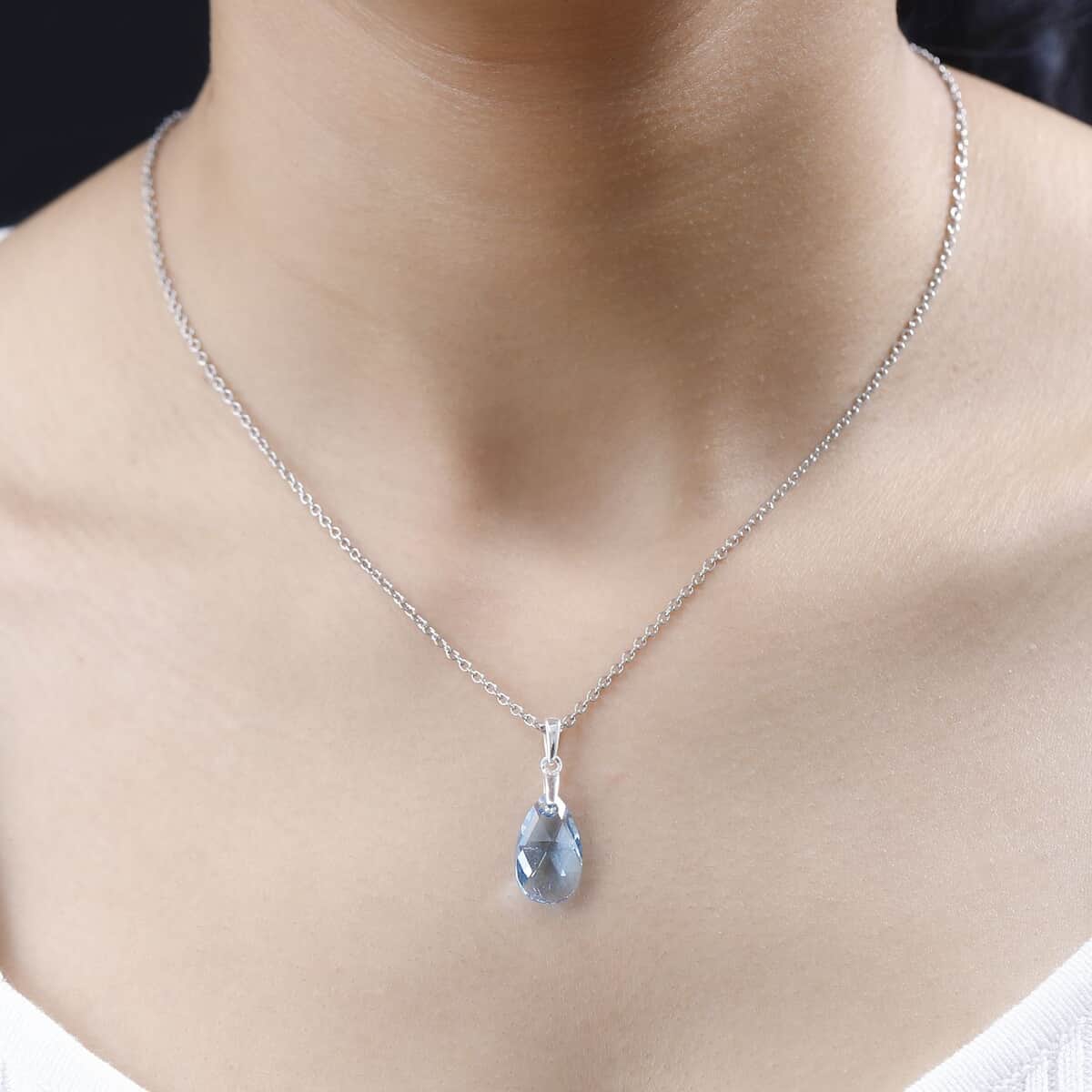 Aquamarine Color Crystal Pendant in Sterling Silver with Stainless Steel Chain 20 Inches image number 2