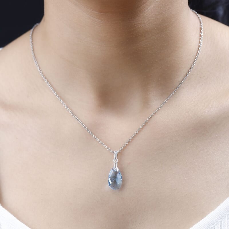 Aquamarine Color Crystal Pendant in Sterling Silver with Stainless Steel Chain 20 Inches