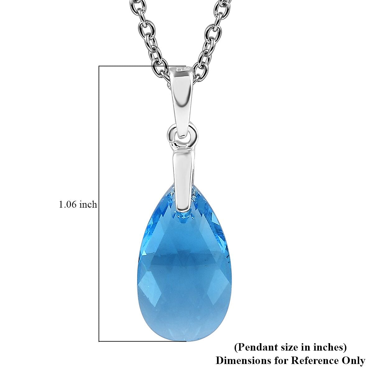 Aquamarine Color Crystal Pendant in Sterling Silver with Stainless Steel Chain 20 Inches
