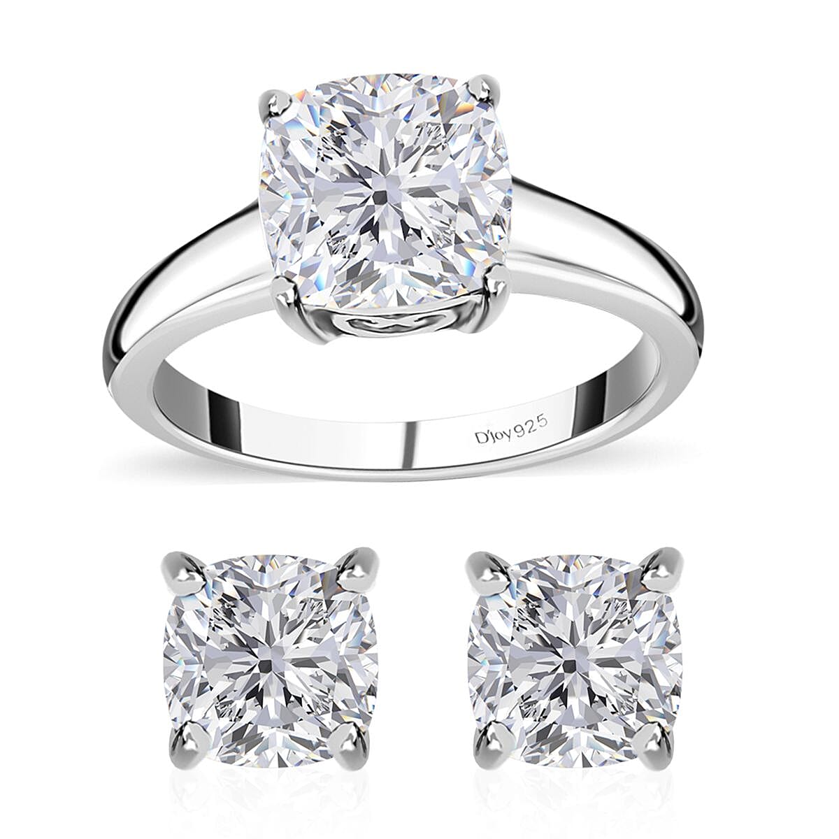 120 Facets Moissanite Solitaire Stud Earrings and Ring (Size 6.0) in Platinum Over Sterling Silver 4.40 ctw