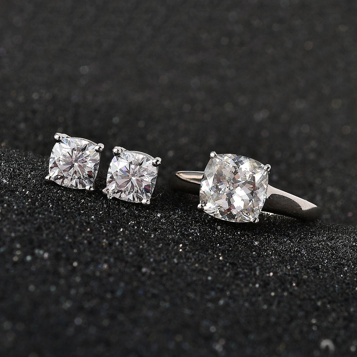 120 Facets Moissanite Solitaire Stud Earrings and Ring (Size 6.0) in Platinum Over Sterling Silver 4.40 ctw
