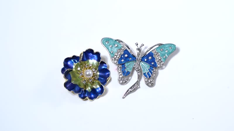 Simulated Pearl, White Austrian Crystal Set of 2 Flower & Butterfly Brooch in Goldtone