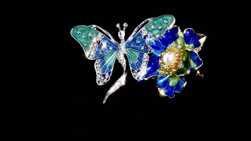 Simulated Pearl, White Austrian Crystal Set of 2 Flower & Butterfly Brooch in Goldtone