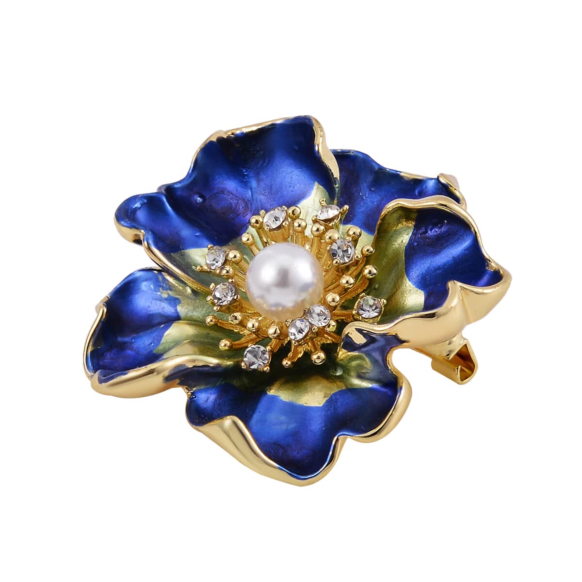 Simulated Pearl, White Austrian Crystal Set of 2 Flower & Butterfly Brooch in Goldtone image number 3