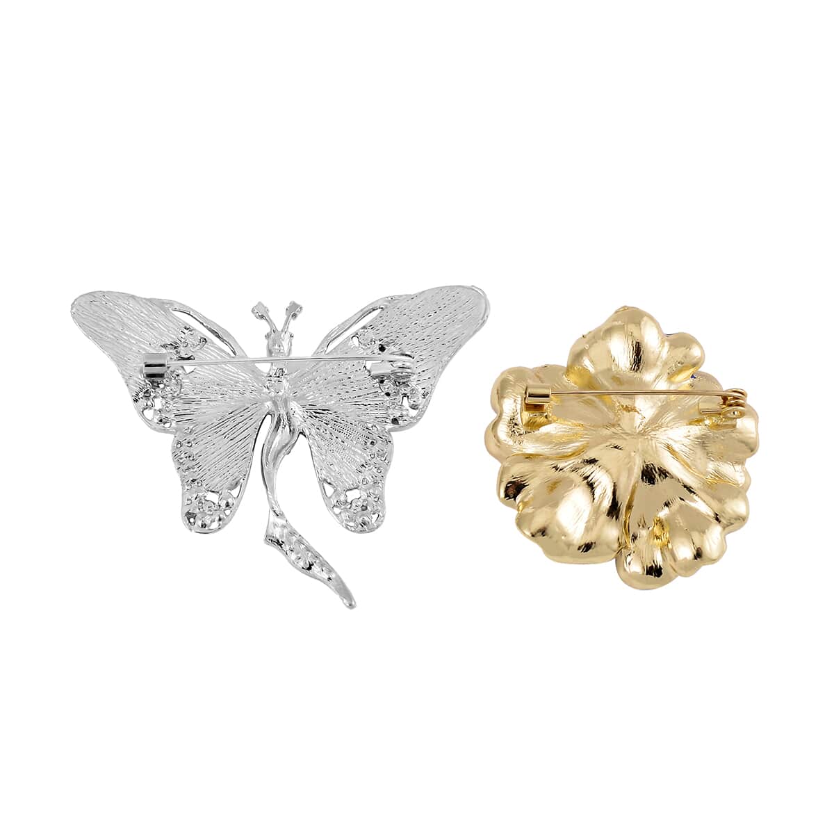 Simulated Pearl, White Austrian Crystal Set of 2 Flower & Butterfly Brooch in Goldtone image number 4