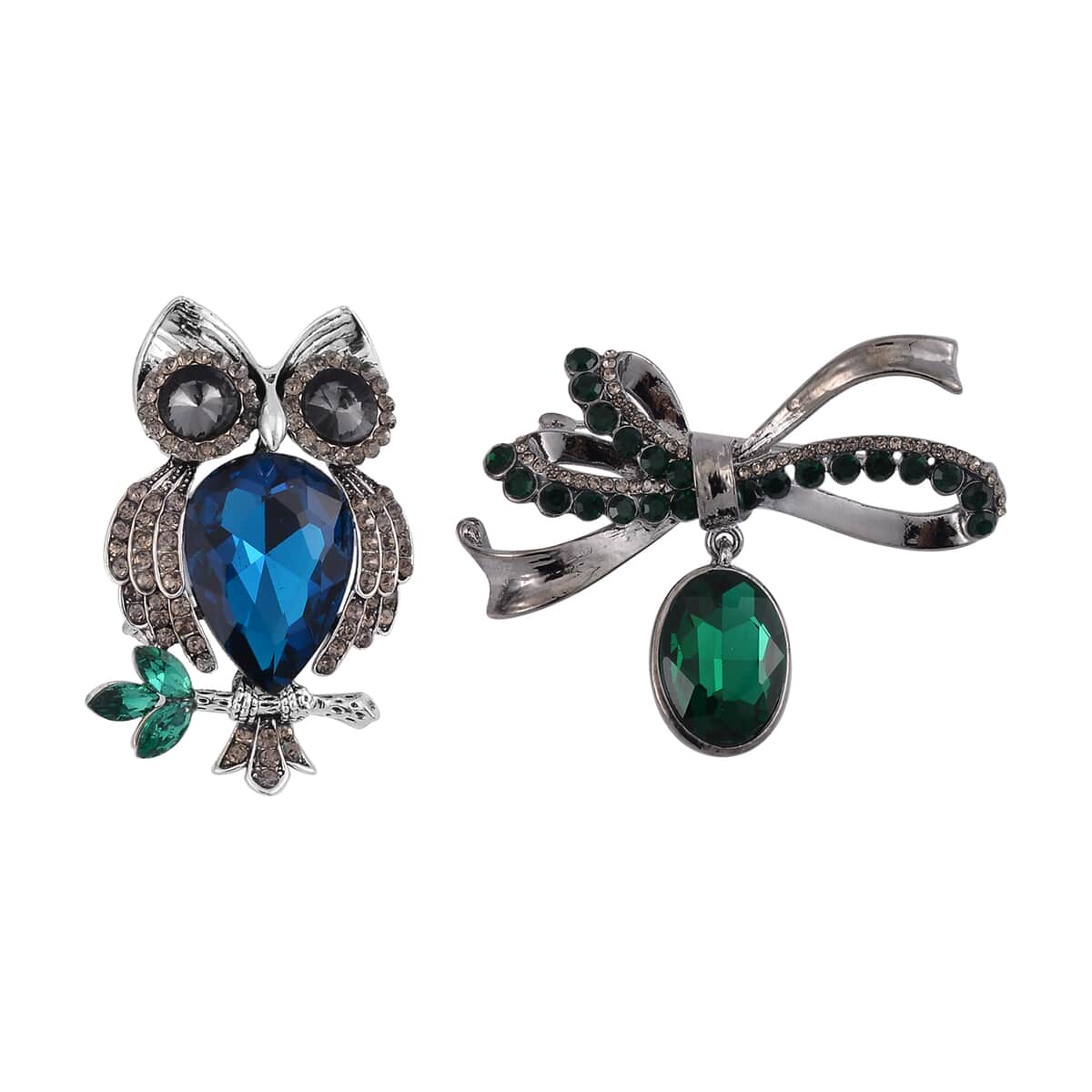 Set of 2 Blue and Green Glass, Green and Grey Austrian Crystal Owl and Ribbon Brooch in Silvertone image number 0