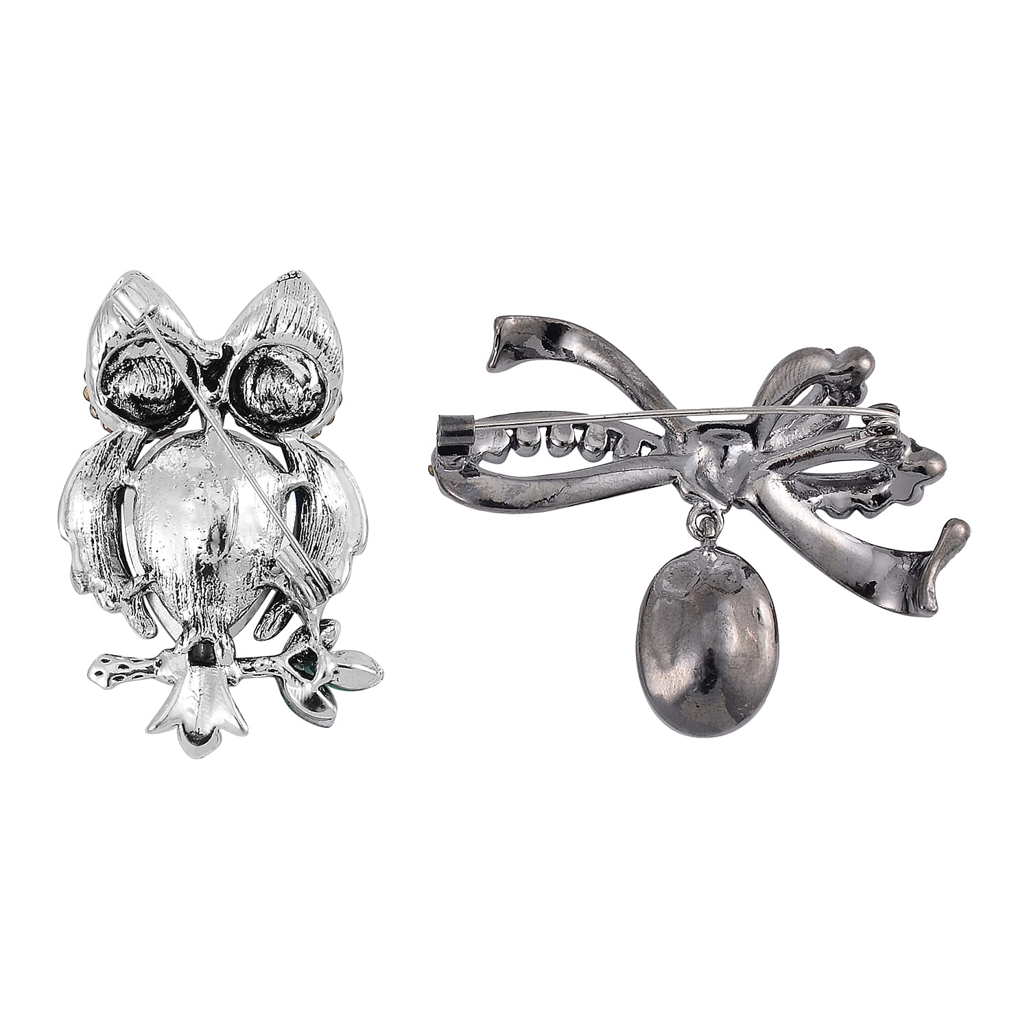 Set of 2 Blue and Green Glass, Green and Grey Austrian Crystal Owl and Ribbon Brooch in Silvertone