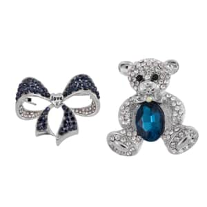 Blue Glass, Multi Color Austrian Crystal Set of 2 Teddy Bear and Ribbon Brooch in Silvertone