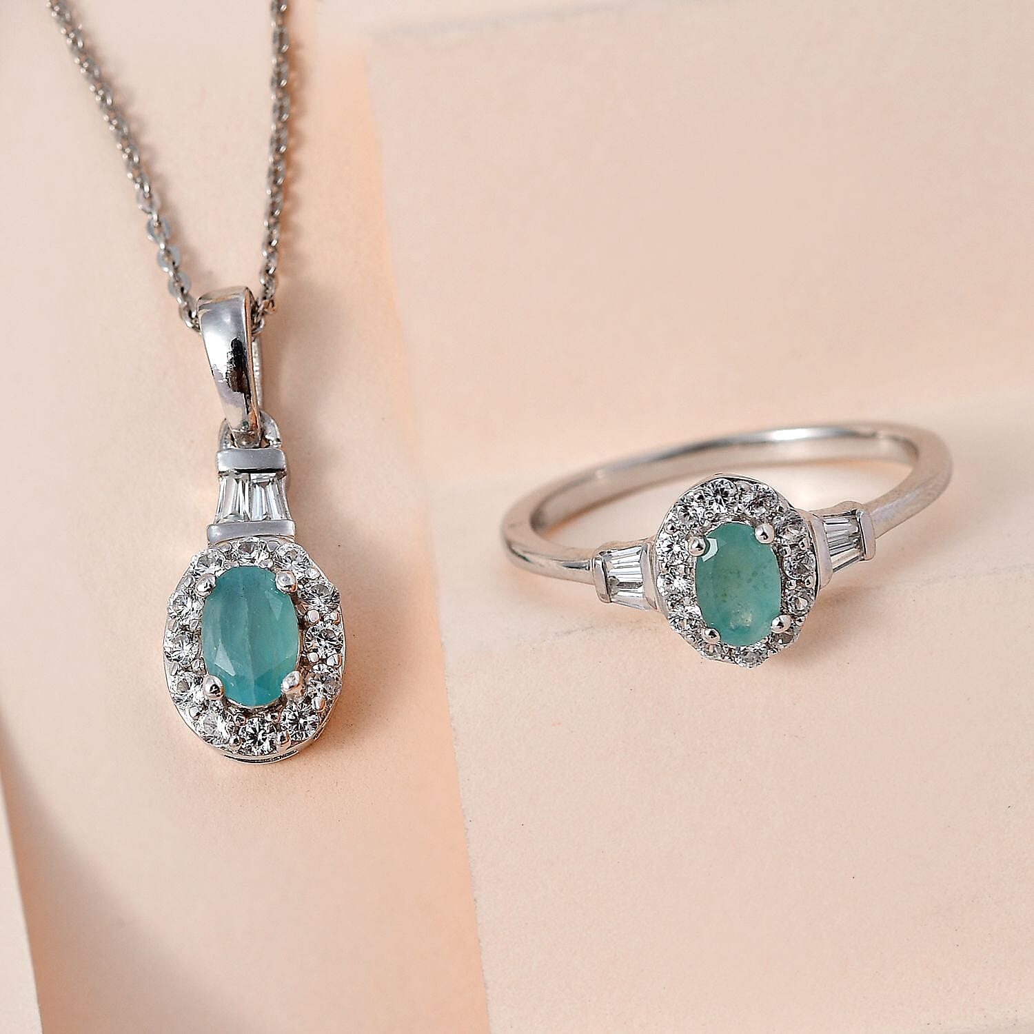 Grandidierite, White Zircon Halo Ring (Size 5.0) and Pendant Necklace 20 Inches in Platinum Over Sterling Silver 1.75 ctw