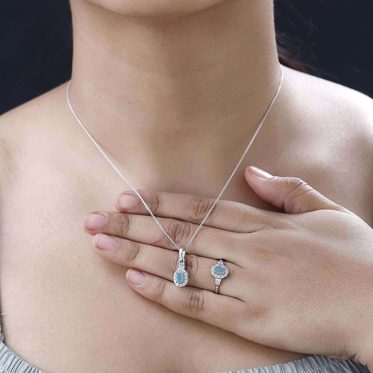 Grandidierite, White Zircon Halo Ring (Size 5.0) and Pendant Necklace 20 Inches in Platinum Over Sterling Silver 1.75 ctw