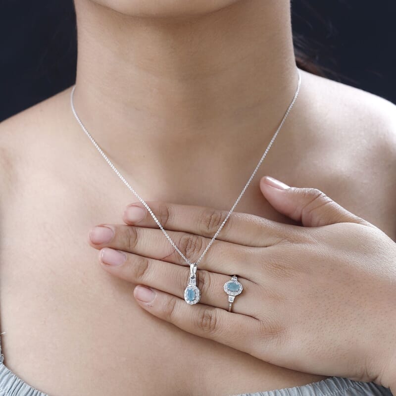 Grandidierite, White Zircon Halo Ring (Size 5.0) and Pendant Necklace 20 Inches in Platinum Over Sterling Silver 1.75 ctw