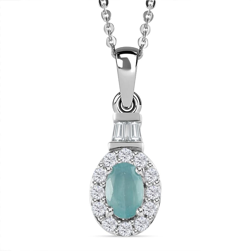 Grandidierite, White Zircon Halo Ring (Size 5.0) and Pendant Necklace 20 Inches in Platinum Over Sterling Silver 1.75 ctw