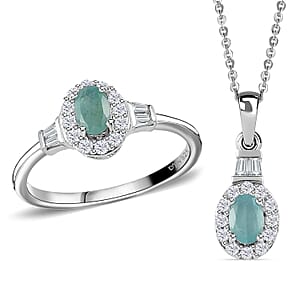 Grandidierite, White Zircon Halo Ring (Size 8.0) and Pendant Necklace 20 Inches in Platinum Over Sterling Silver 1.75 ctw