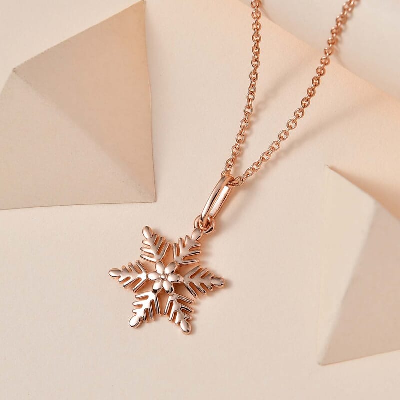 14K Rose Gold Over Sterling Silver Snowflake Pendant with ION Plated RG Stainless Steel Necklace 20 Inches