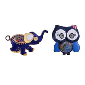 Multi Color Enameled Set of 2 Elephant and Owl Brooch in Dualtone