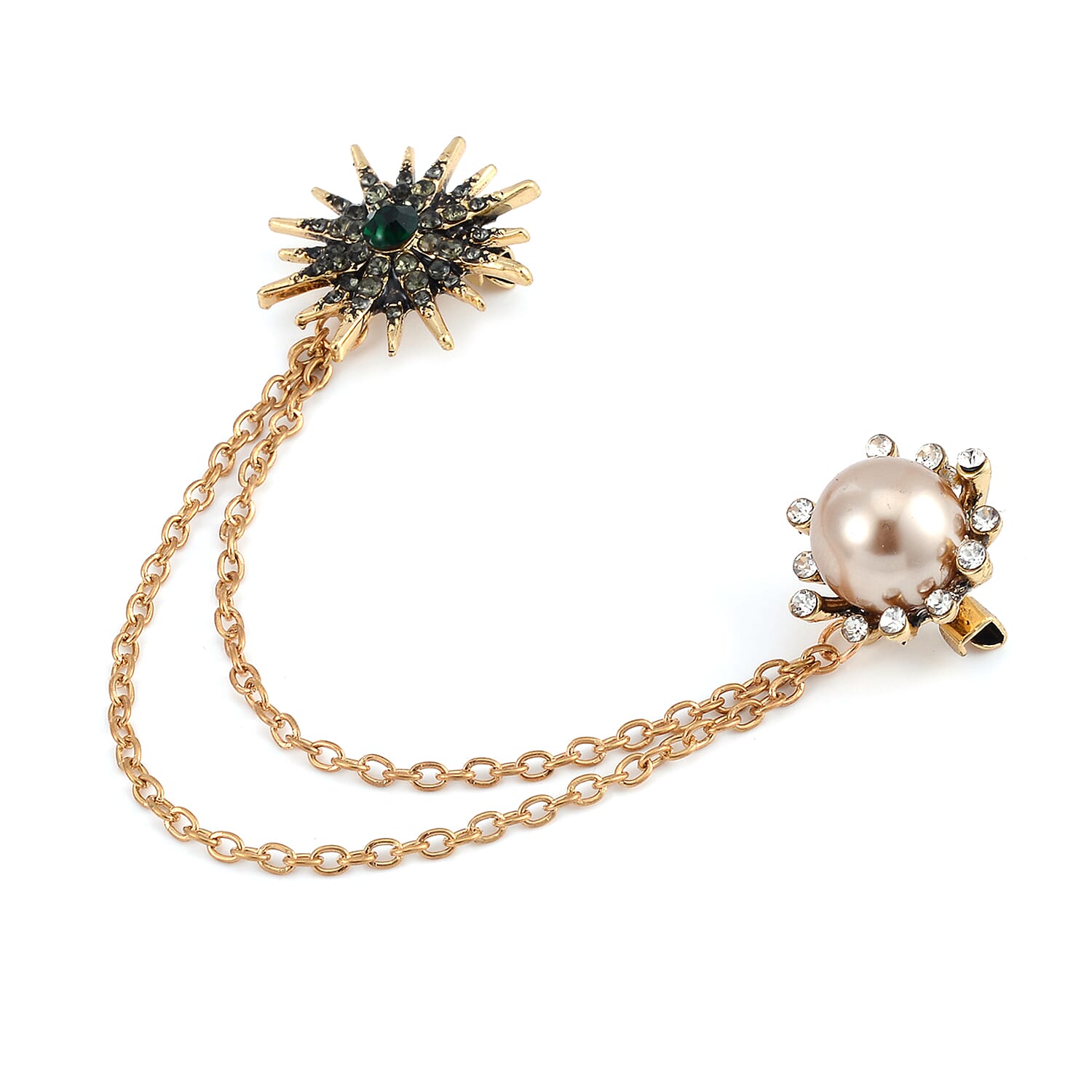 Set of 2 Simulated Pearl, Multi Color Austrian Crystal and Enameled Star Brooch in Goldtone
