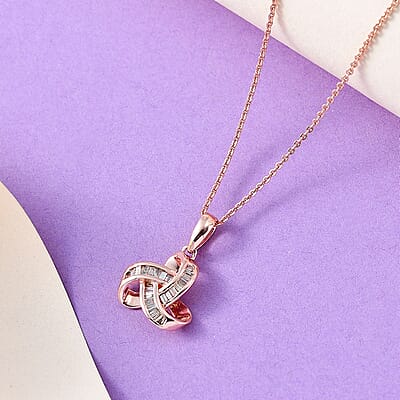Natural Champagne Diamond 0.25 ctw Knot Pendant Necklace in Vermeil Rose Gold Over Sterling Silver 20 Inches