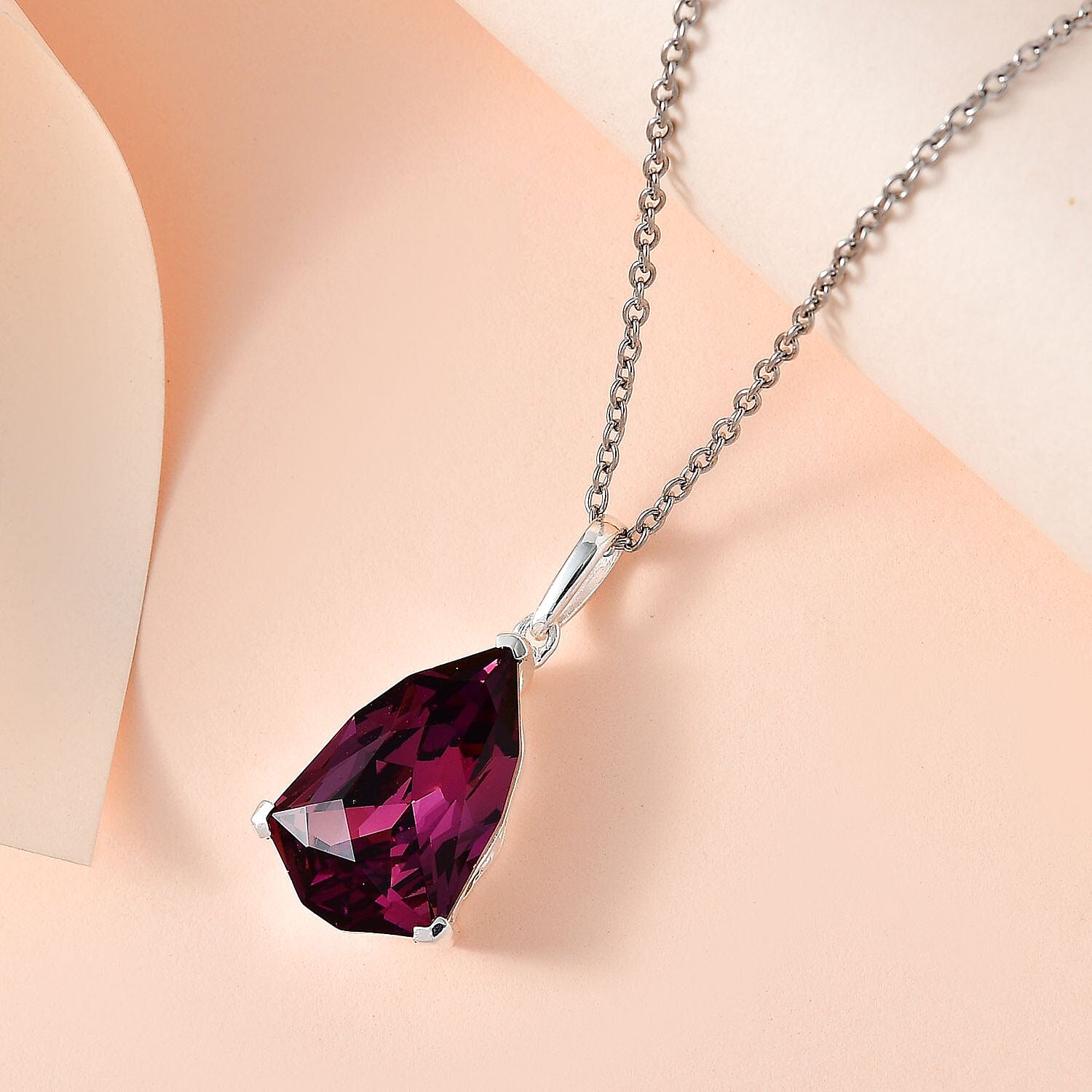 Designer Premium Foilback Amethyst Color Austrian Crystal Pendant in Sterling Silver with Stainless Steel Necklace 20 Inches