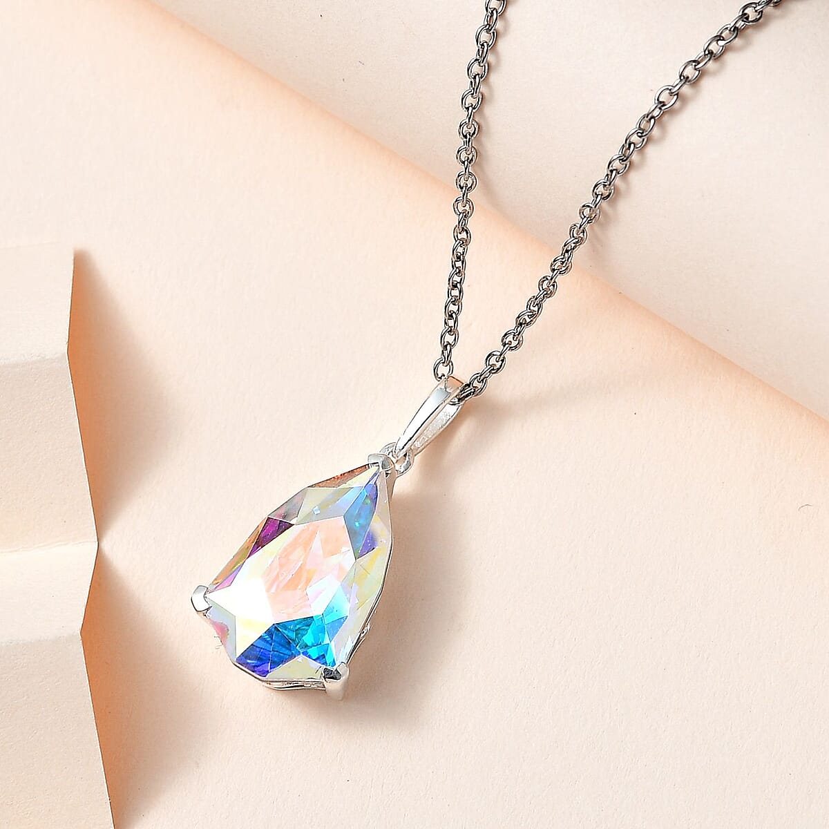 Designer Premium Aurora Borealis Austrian Crystal Pendant in Sterling Silver with Stainless Steel Necklace 20 Inches image number 1
