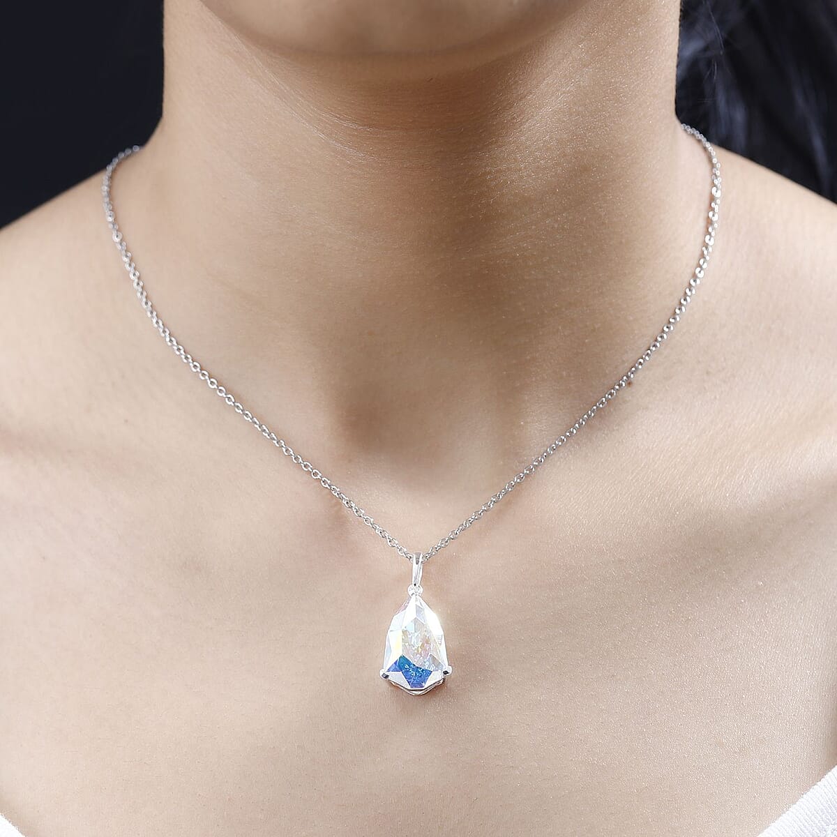 Designer Premium Aurora Borealis Austrian Crystal Pendant in Sterling Silver with Stainless Steel Necklace 20 Inches image number 2
