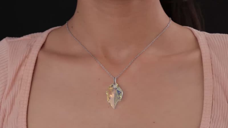 Aurora Borealis Crystal Leaf Pendant in Sterling Silver with Stainless Steel Chain 20 Inches