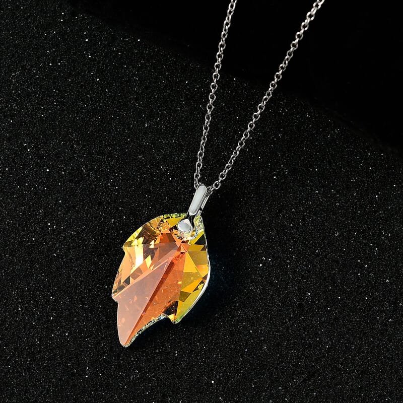 Aurora Borealis Crystal Leaf Pendant in Sterling Silver with Stainless Steel Chain 20 Inches