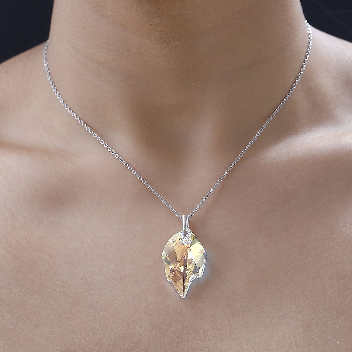 Aurora Borealis Crystal Leaf Pendant in Sterling Silver with Stainless Steel Chain 20 Inches image number 2