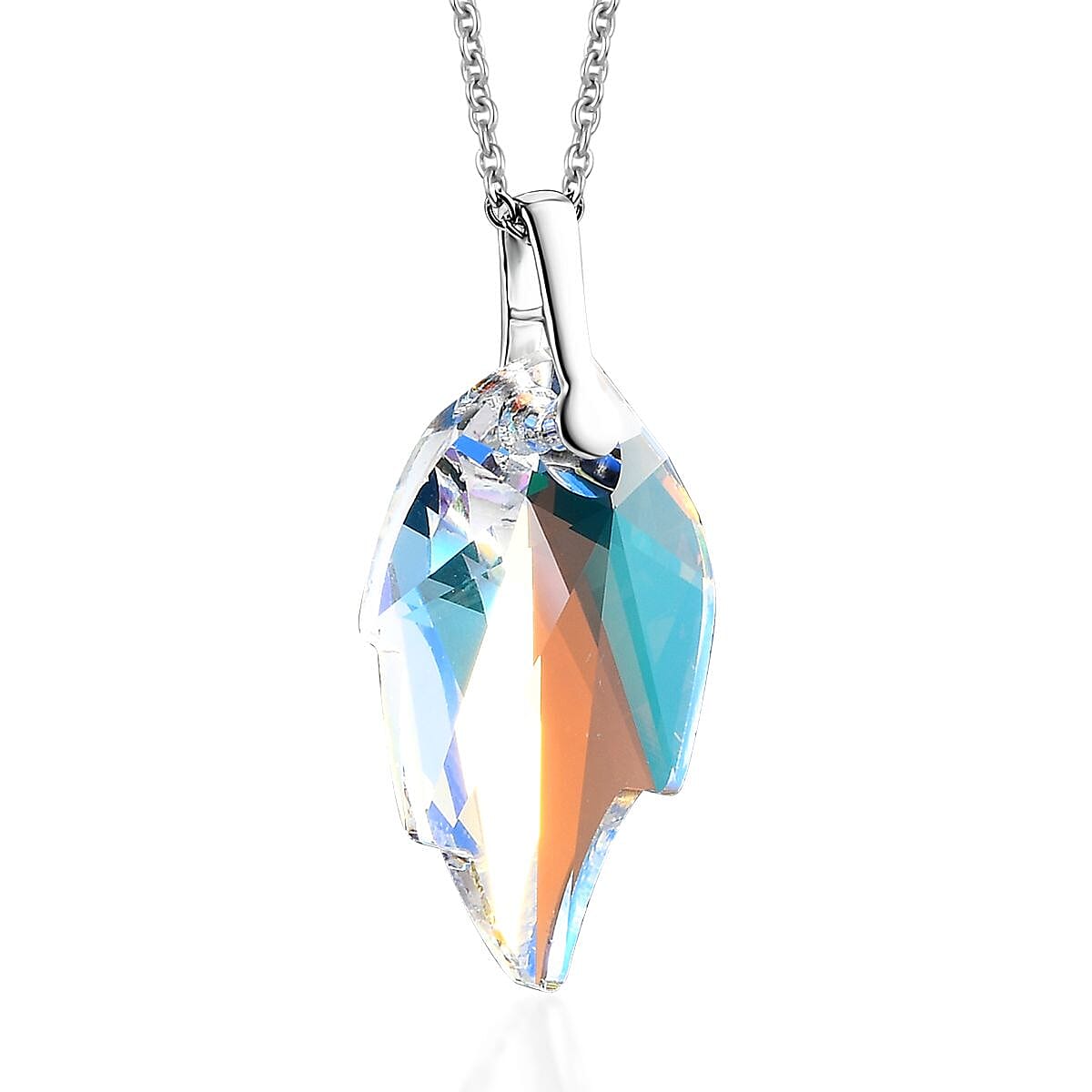 Aurora Borealis Crystal Leaf Pendant in Sterling Silver with Stainless Steel Chain 20 Inches image number 4