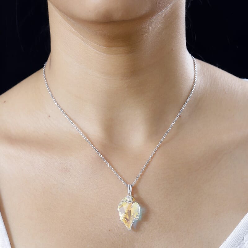 Aurora Borealis Crystal Pendant in Sterling Silver with Stainless Steel Necklace 20 Inches