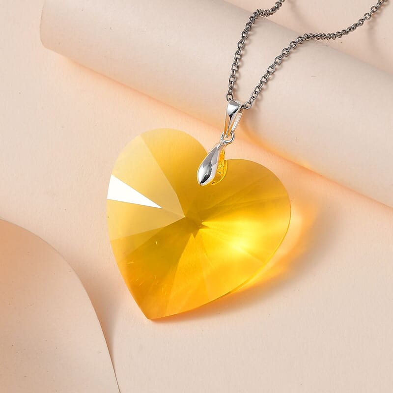 Designer Premium Light Color Topaz Austrian Crystal Heart Pendant in Sterling Silver with Stainless Steel Necklace 20 Inches