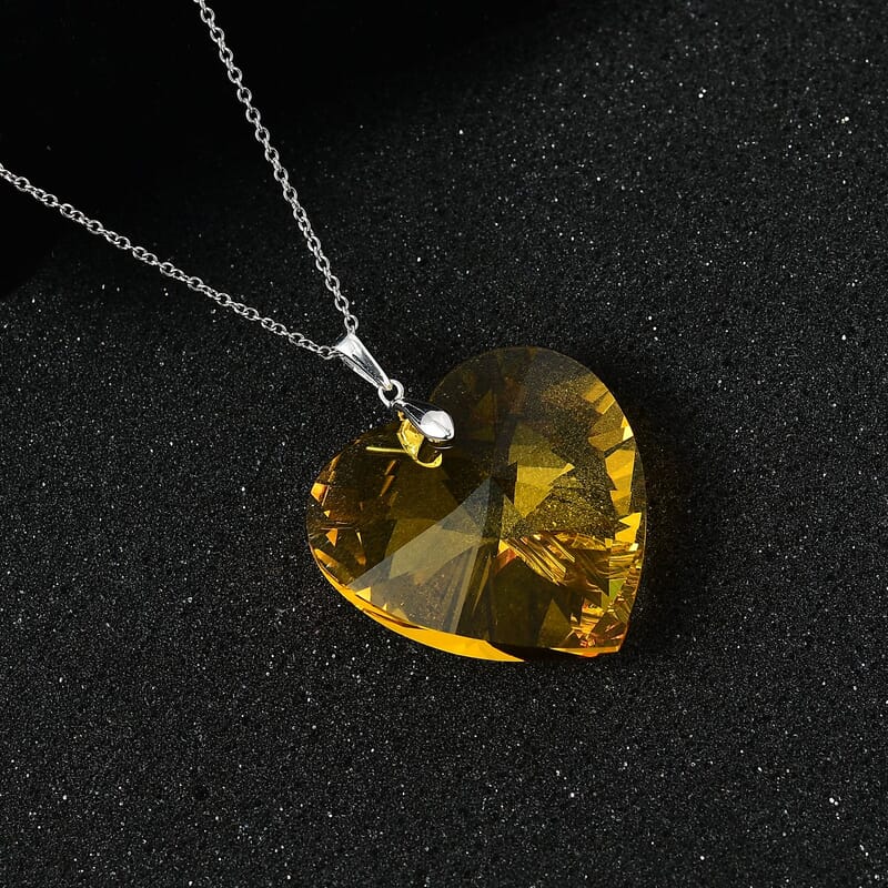 Designer Premium Light Color Topaz Austrian Crystal Heart Pendant in Sterling Silver with Stainless Steel Necklace 20 Inches