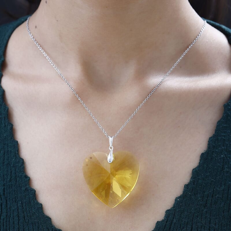 Designer Premium Light Color Topaz Austrian Crystal Heart Pendant in Sterling Silver with Stainless Steel Necklace 20 Inches