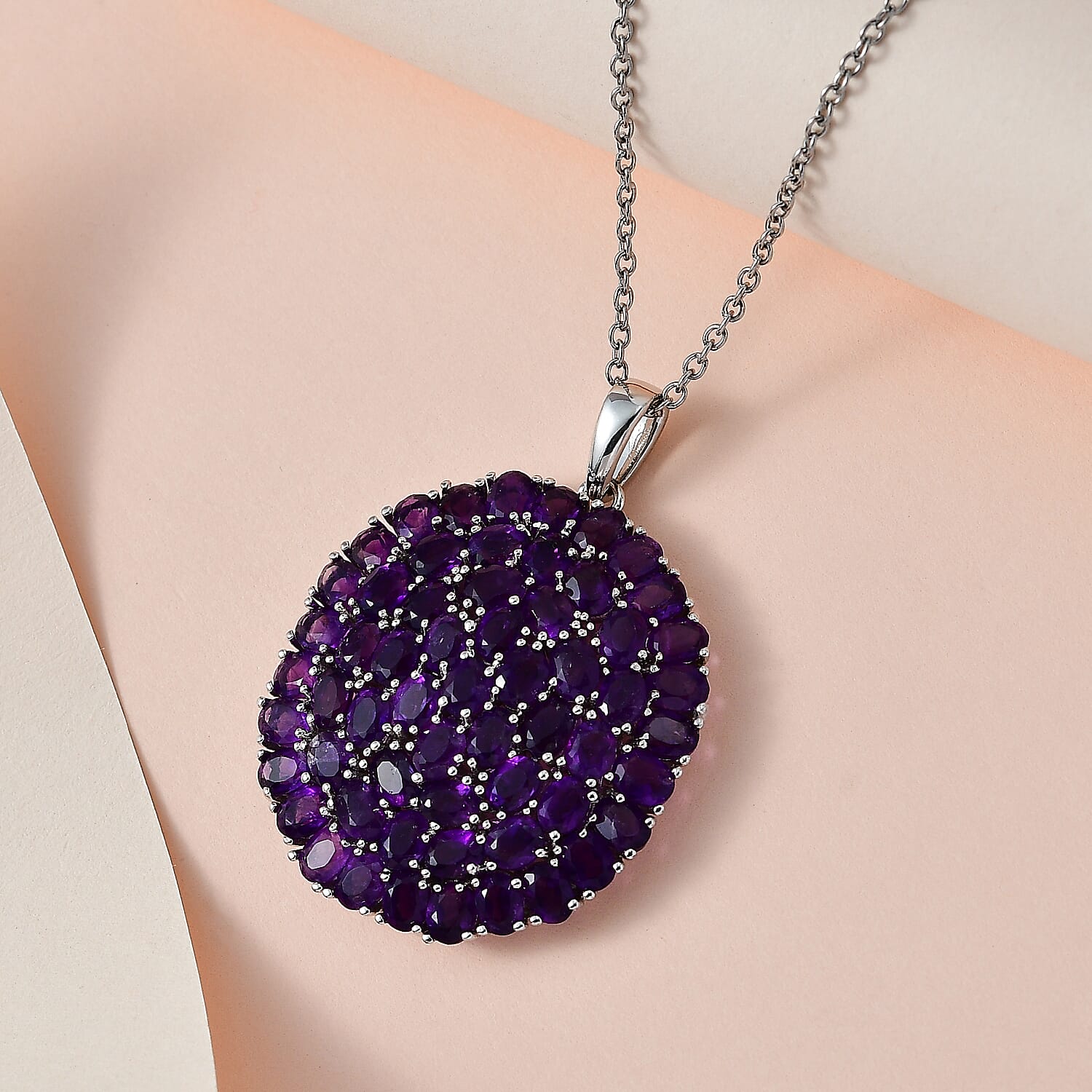 African Amethyst 13.25 ctw Floral Pendant in Platinum Over Copper with Stainless Steel Necklace 20 Inches