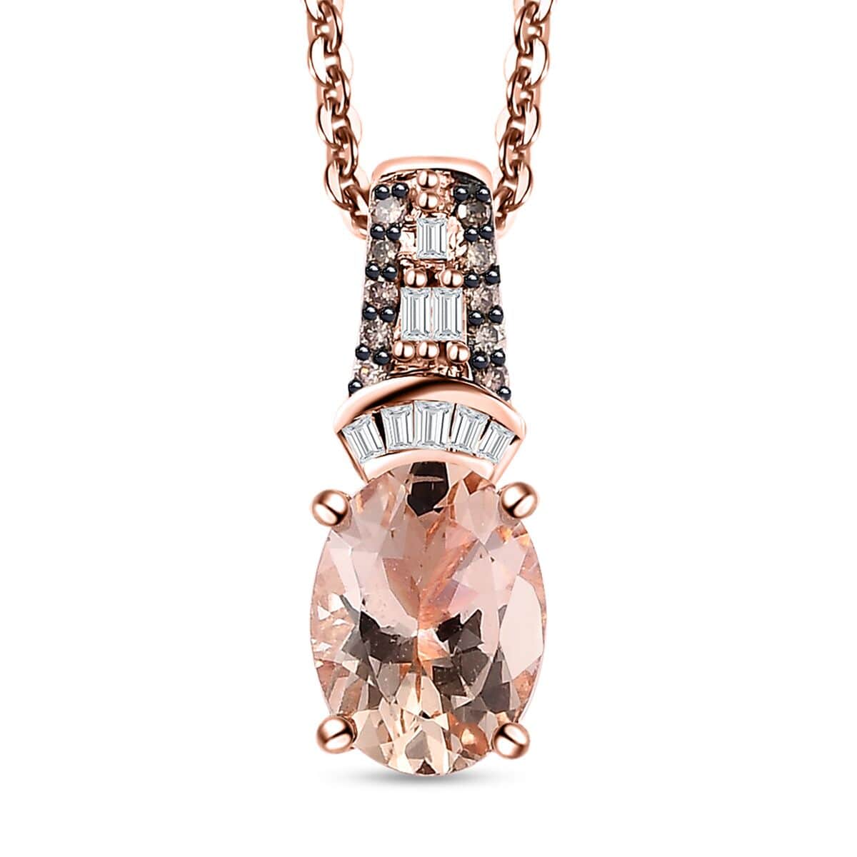 Premium Pink Morganite, Natural Champagne and White Diamond Pendant Necklace 20 Inches in Vermeil Rose Gold Over Sterling Silver 1.35 ctw image number 0