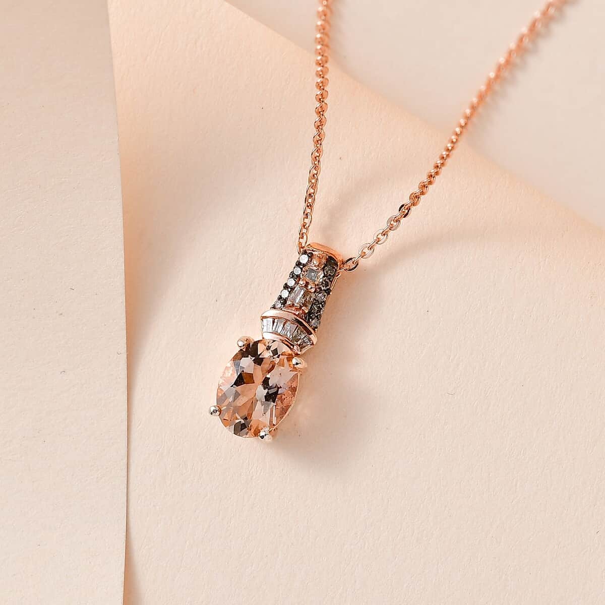 Premium Pink Morganite, Natural Champagne and White Diamond Pendant Necklace 20 Inches in Vermeil Rose Gold Over Sterling Silver 1.35 ctw image number 1