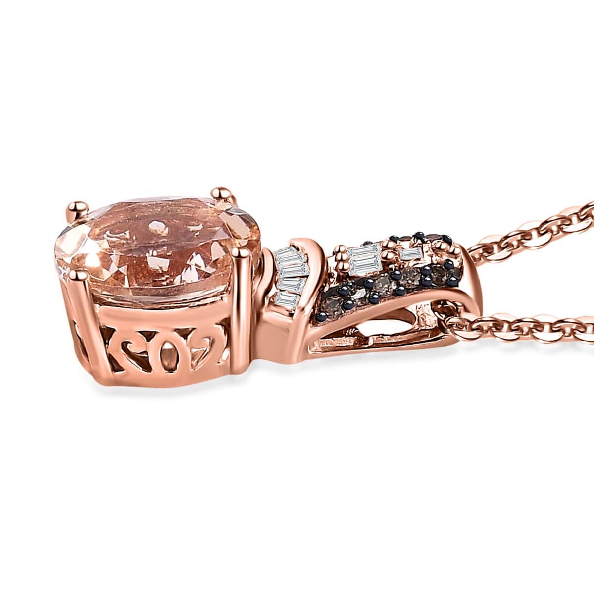 Premium Pink Morganite, Natural Champagne and White Diamond Pendant Necklace 20 Inches in Vermeil Rose Gold Over Sterling Silver 1.35 ctw image number 3