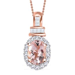 Premium Pink Morganite and White Diamond Halo Pendant Necklace 18 Inches in Vermeil Rose Gold Over Sterling Silver 0.85 ctw