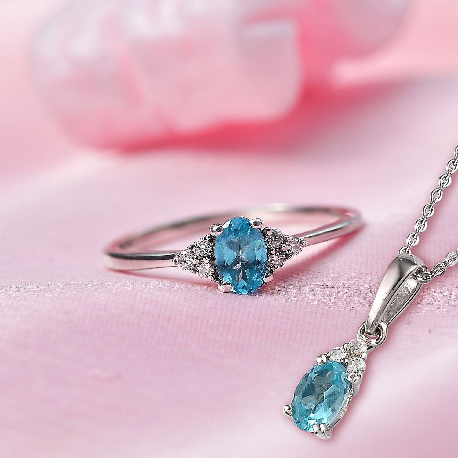 Madagascar Paraiba Apatite, Moissanite Ring (Size 5.0) and Pendant Necklace 20 Inches in Platinum Over Sterling Silver 1.15 ctw