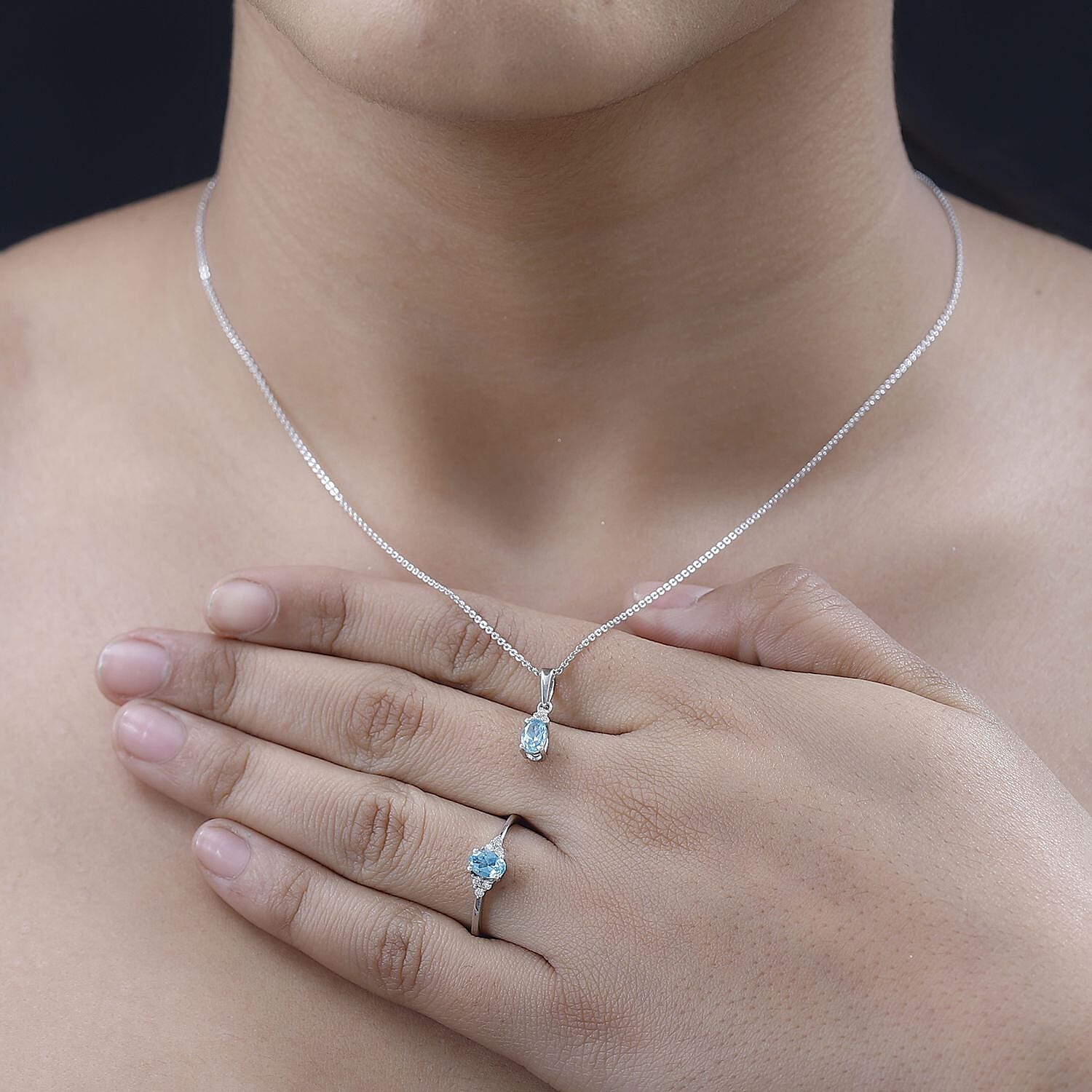 Madagascar Paraiba Apatite, Moissanite Ring (Size 5.0) and Pendant Necklace 20 Inches in Platinum Over Sterling Silver 1.15 ctw