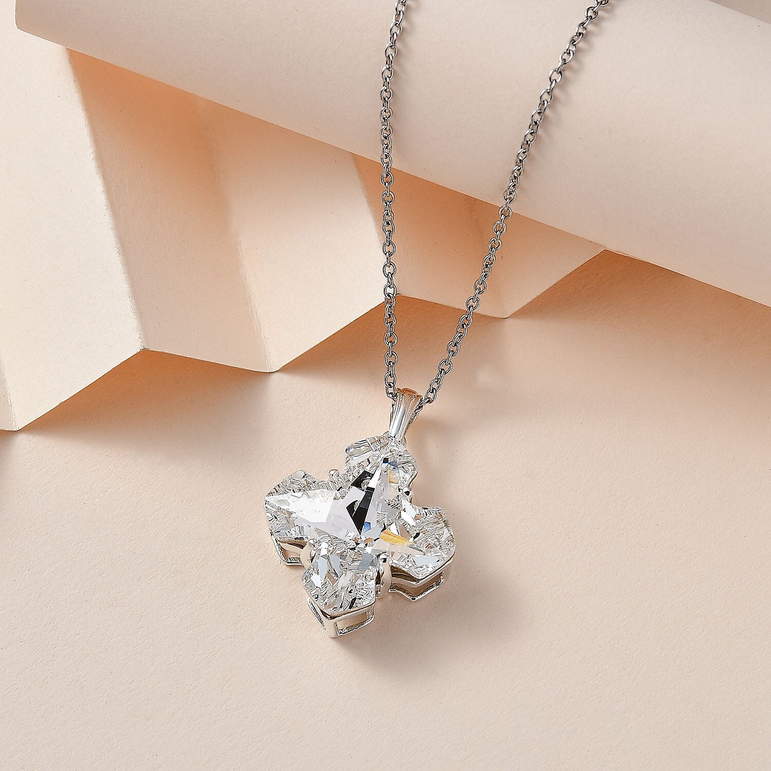 White Crystal Fancy Pendant in Sterling Silver with Stainless Steel Chain 20 Inches