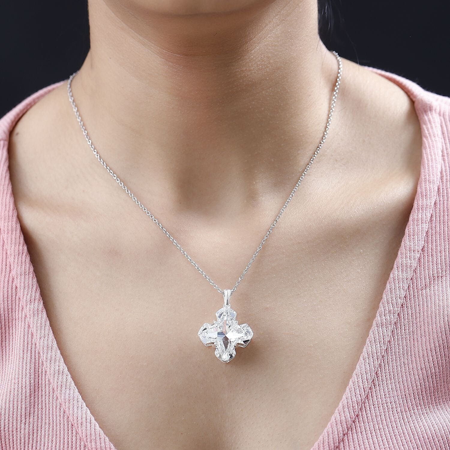 White Crystal Fancy Pendant in Sterling Silver with Stainless Steel Chain 20 Inches