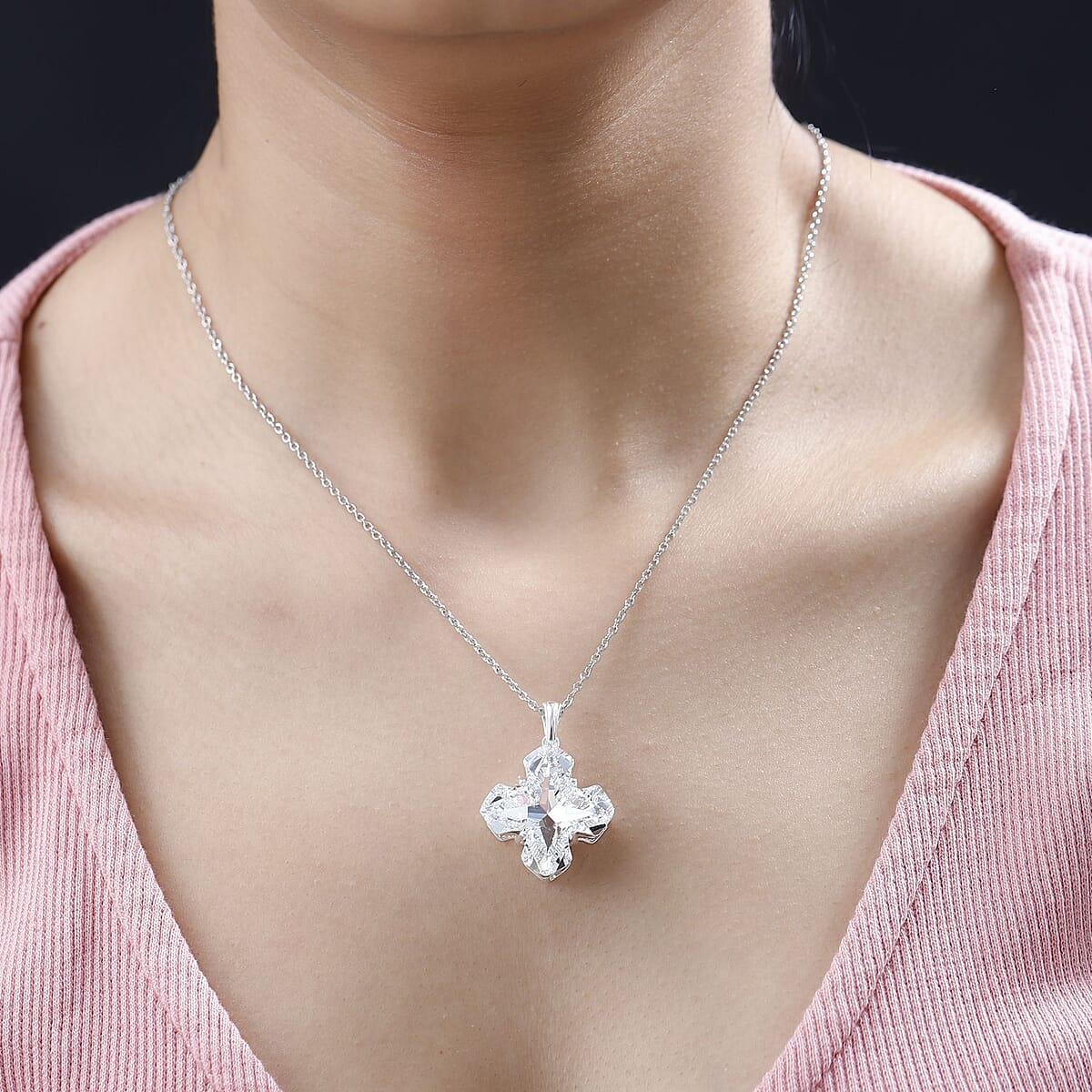 White Crystal Fancy Pendant in Sterling Silver with Stainless Steel Chain 20 Inches image number 2