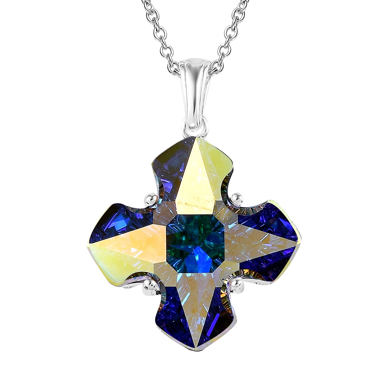 Aurora Borealis Crystal Pendant in Sterling Silver with Stainless Steel 20 Inches