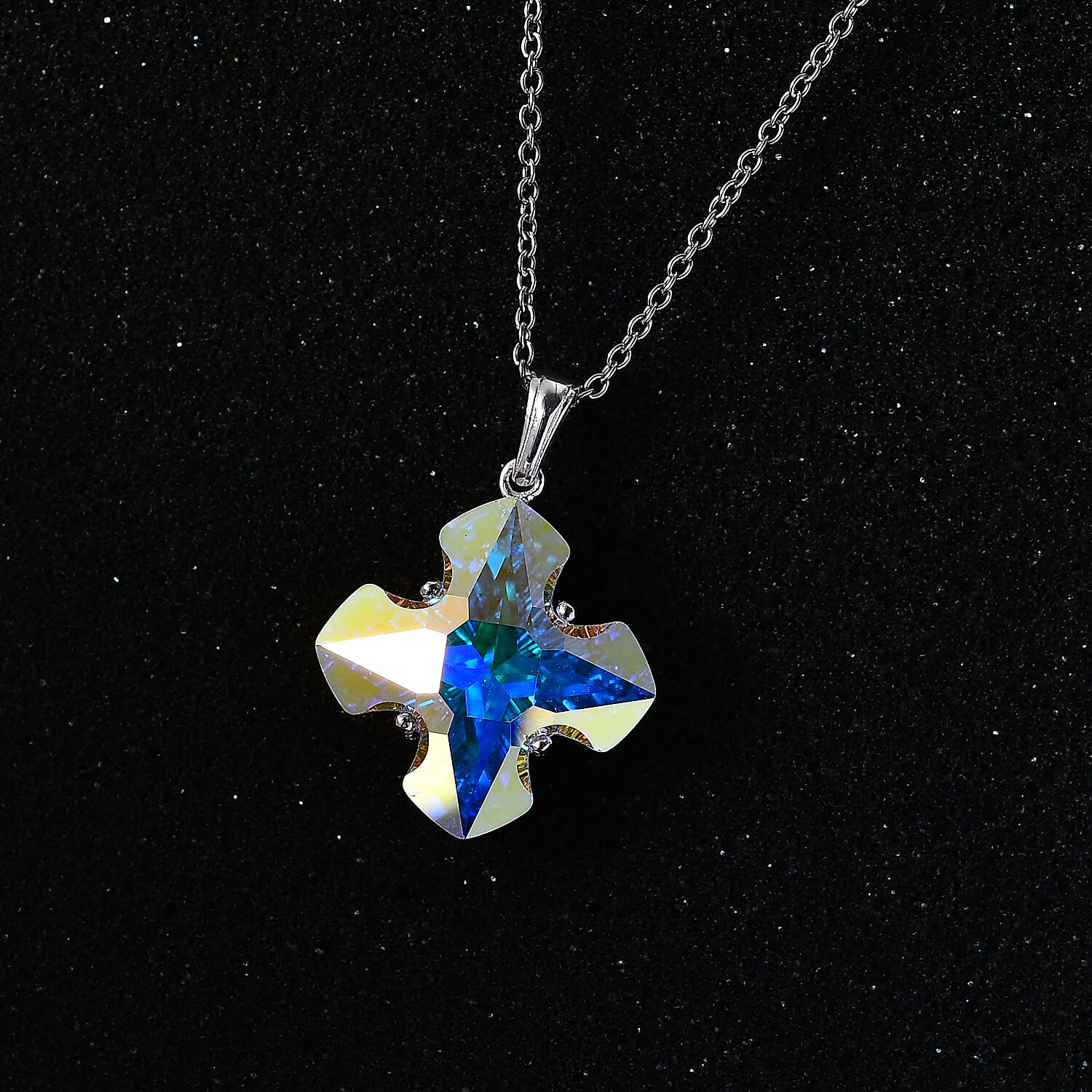 Aurora Borealis Crystal Pendant in Sterling Silver with Stainless Steel 20 Inches