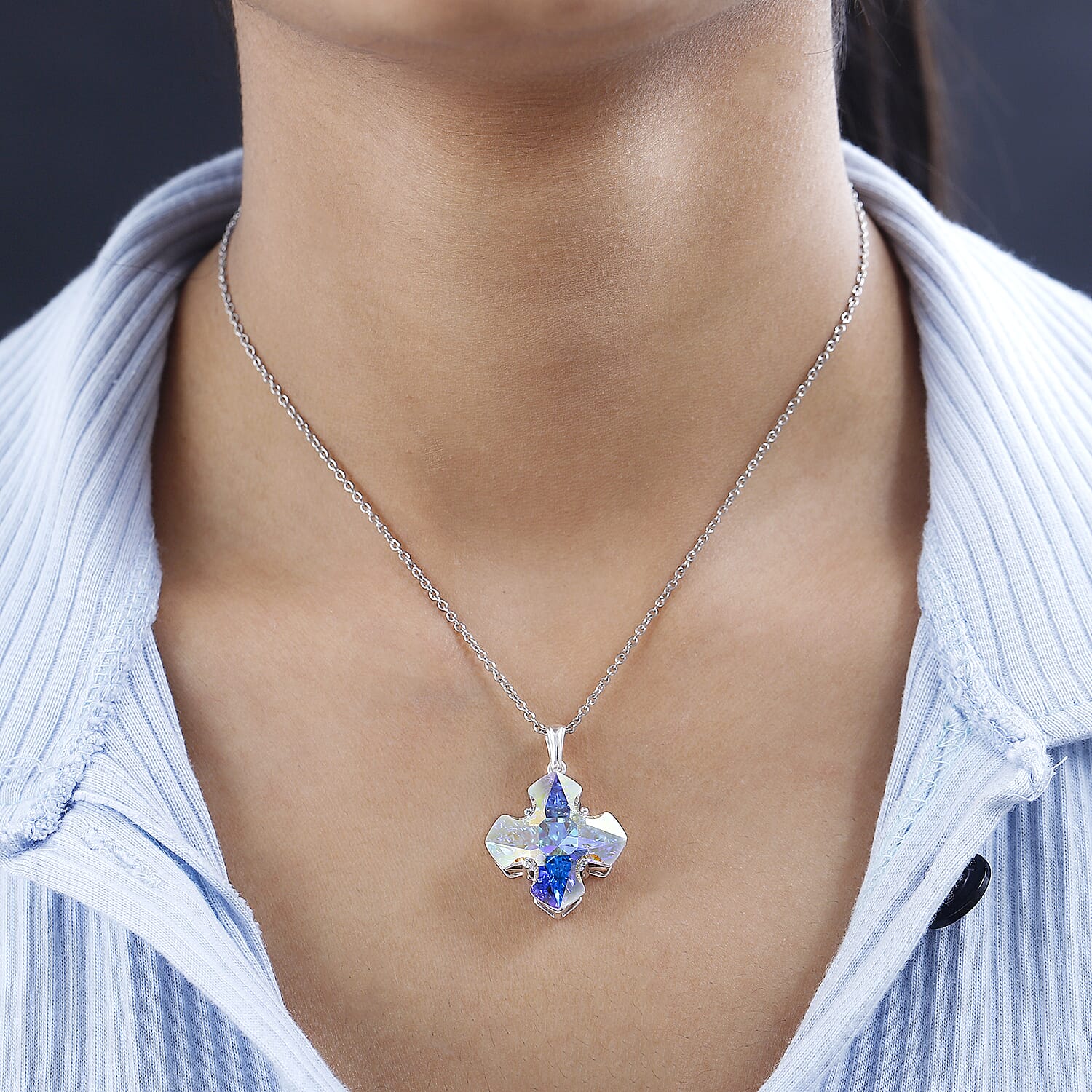 Aurora Borealis Crystal Pendant in Sterling Silver with Stainless Steel 20 Inches