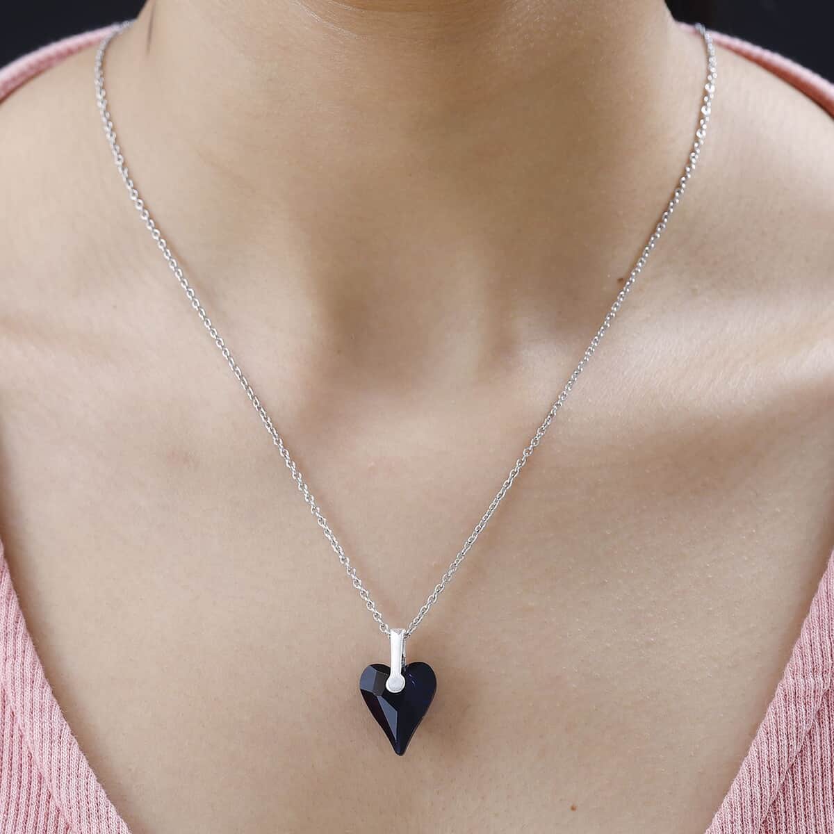 Designer Premium Dark Indigo Austrian Crystal Heart Pendant in Sterling Silver with Stainless Steel Chain 20 Inches image number 2