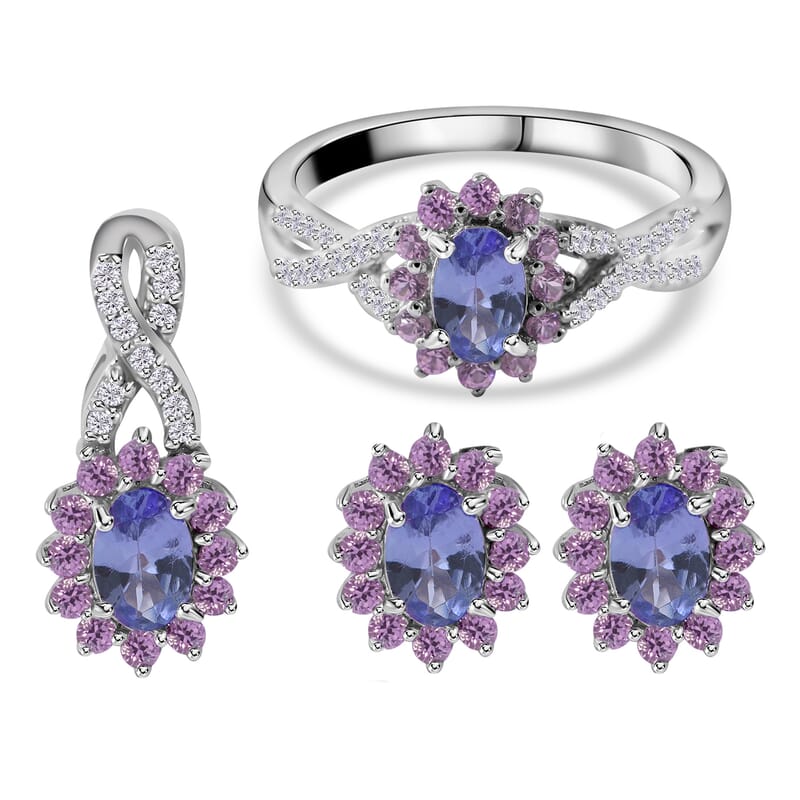 Tanzanite (Ovl), Madagascar Pink Sapphire and White Zircon Floral Stud Earrings, Ring (Size 5) and Pendant in Platinum Over Sterling Silver 3.00 ctw