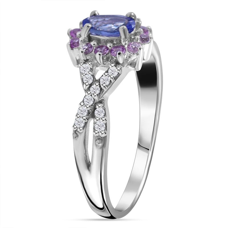 Tanzanite (Ovl), Madagascar Pink Sapphire and White Zircon Floral Stud Earrings, Ring (Size 5) and Pendant in Platinum Over Sterling Silver 3.00 ctw