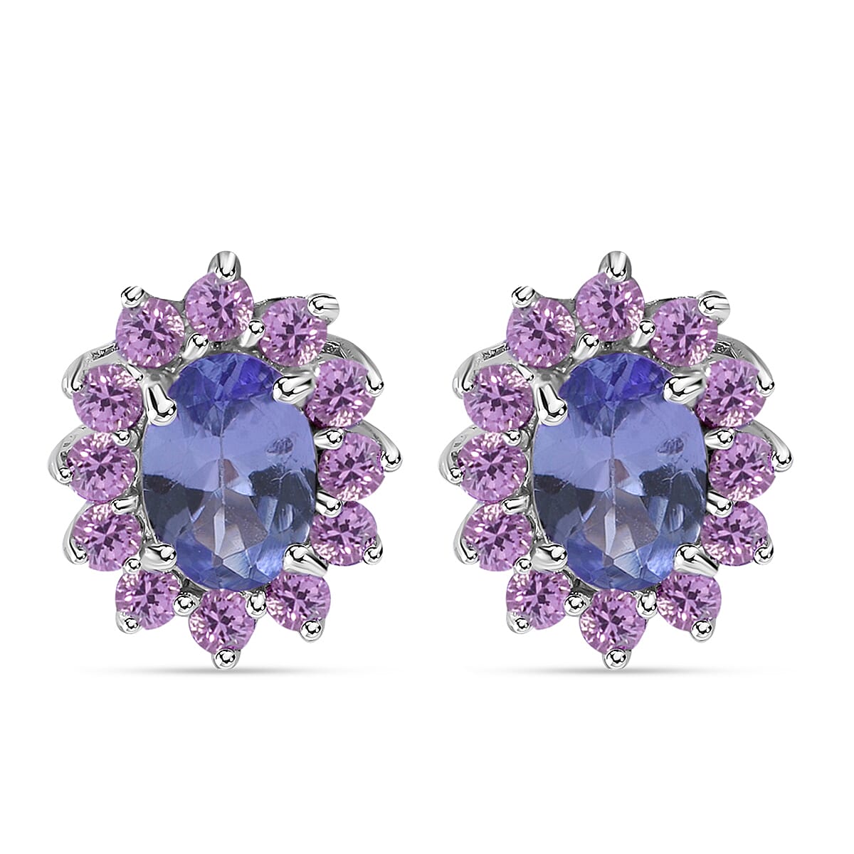 Tanzanite (Ovl), Madagascar Pink Sapphire and White Zircon Floral Stud Earrings, Ring (Size 5) and Pendant in Platinum Over Sterling Silver 3.00 ctw